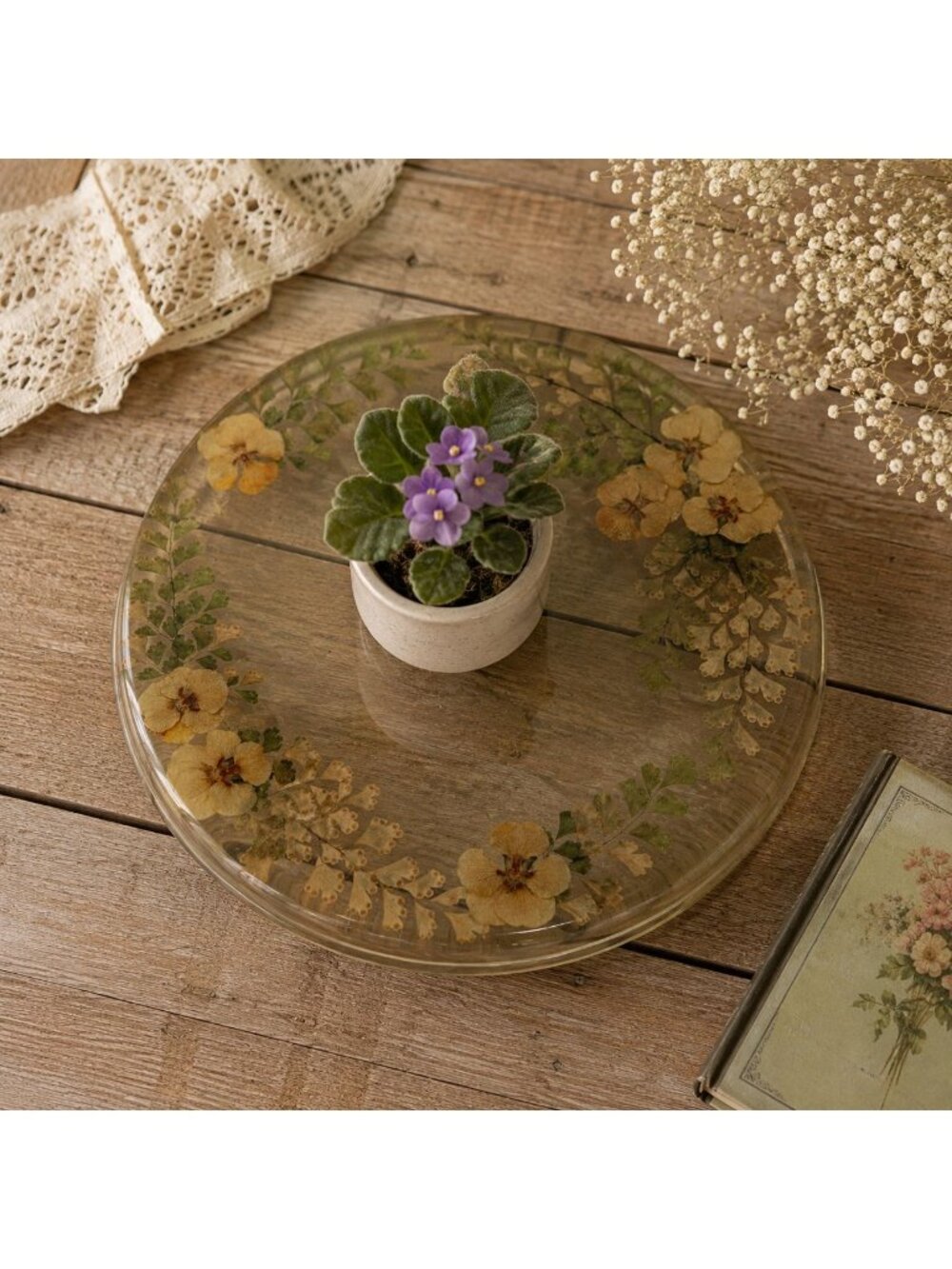 Vintage 70s Pressed Flower Lucite Trivet
